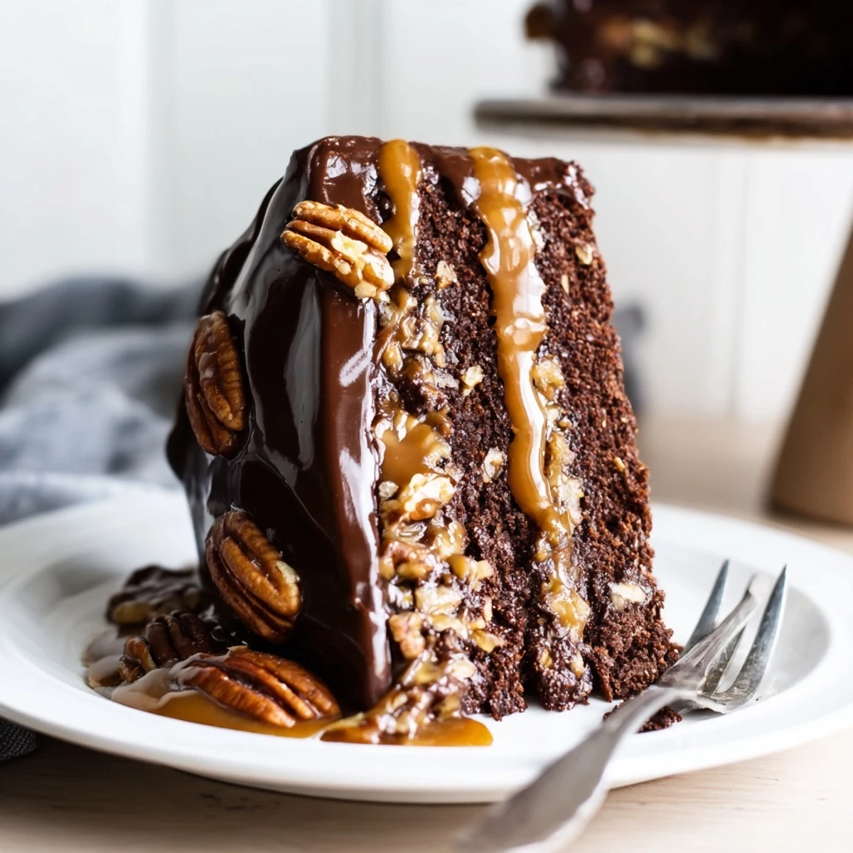 Rich chocolate turtle cake slice revealing fudgy layers filled with warm caramel sauce and crunchy toasted pecans throughout