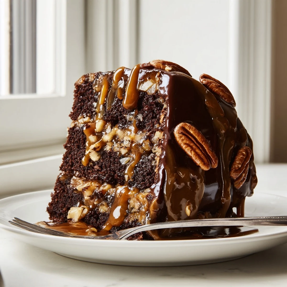Homemade chocolate turtle cake topped with chocolate ganache, caramel drizzle, and pecan halves on a white serving plate