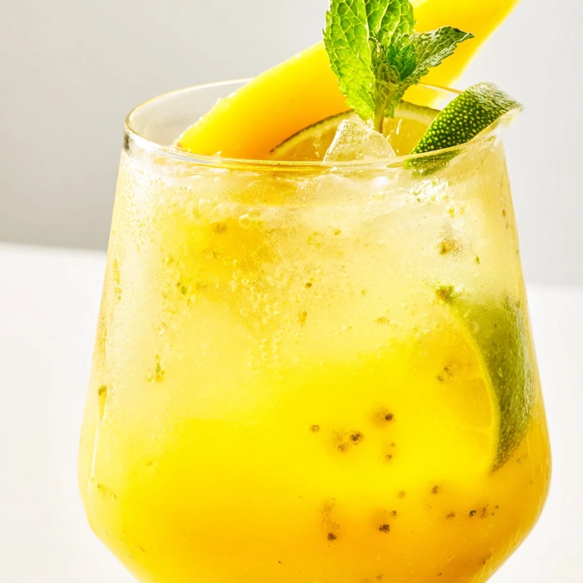 Vibrant summer mango ginger mocktail served over ice with mint sprig and fruit garnish