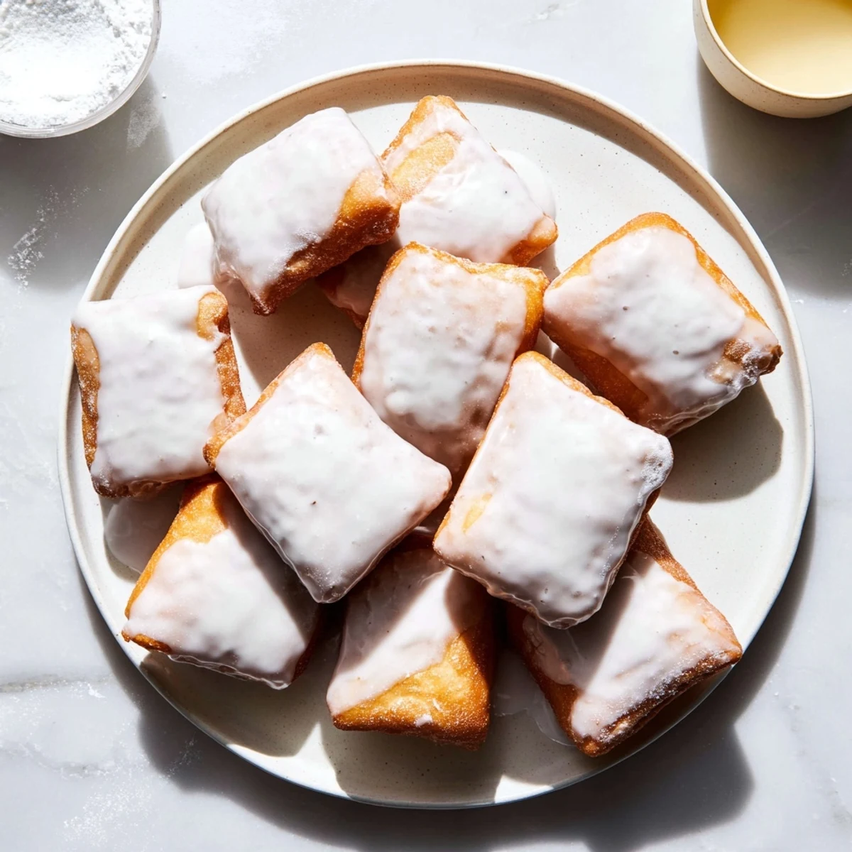 Golden glazed buttermilk beignet squares piled high on a white serving platter