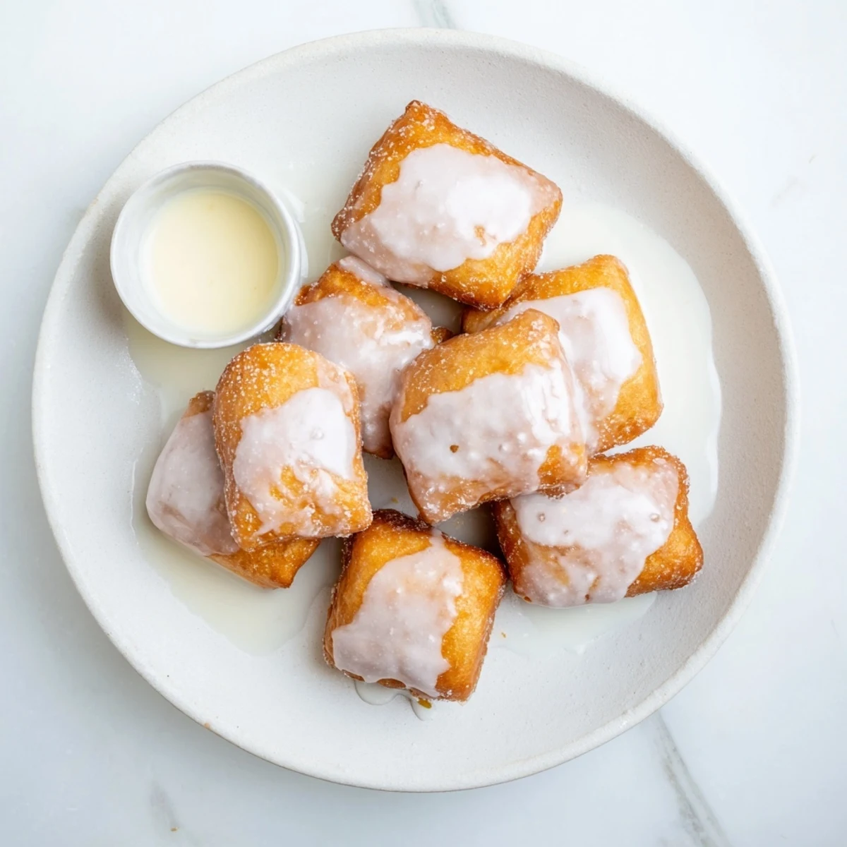 Fluffy fried beignet squares dripping with sweet vanilla glaze and powdered sugar