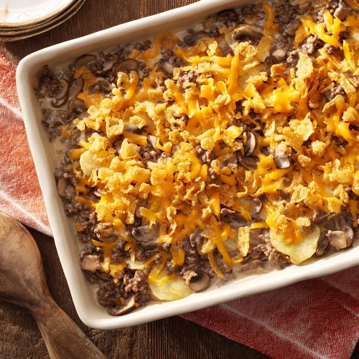 Golden bubbly hamburger mushroom bake with melted cheddar and buttery crispy breadcrumb topping