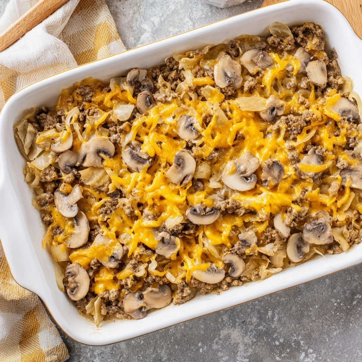Creamy hamburger mushroom bake casserole with ground beef savory sauce and golden cheese layer