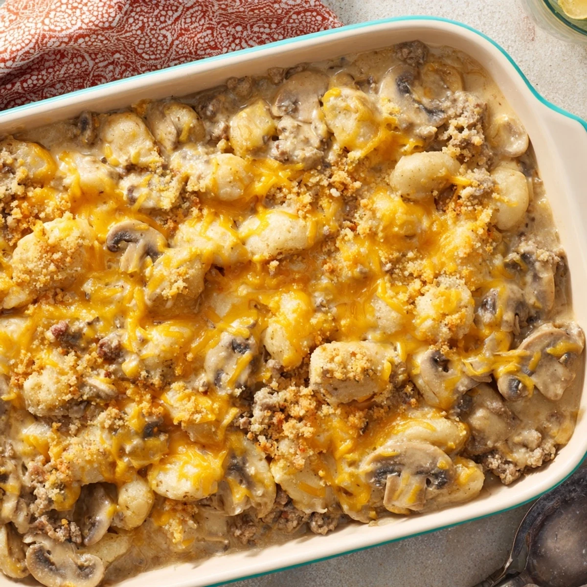 Hearty hamburger mushroom bake served family style with tender mushrooms and crunchy buttered topping