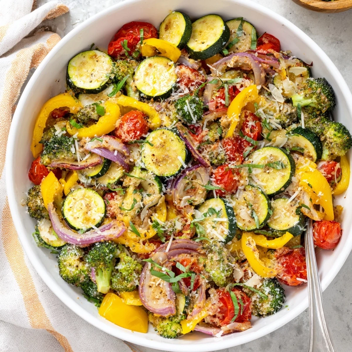 Golden roasted vegetables drizzled with creamy sun-dried tomato sauce and fresh basil garnish