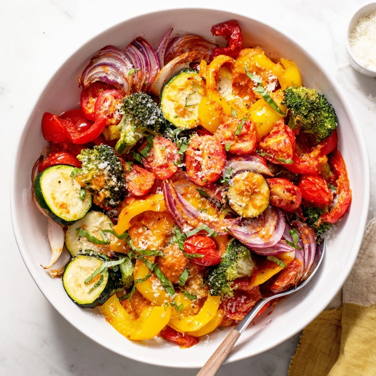 Oven-roasted vegetable toss featuring tender squash and tomatoes in savory sun-dried tomato glaze
