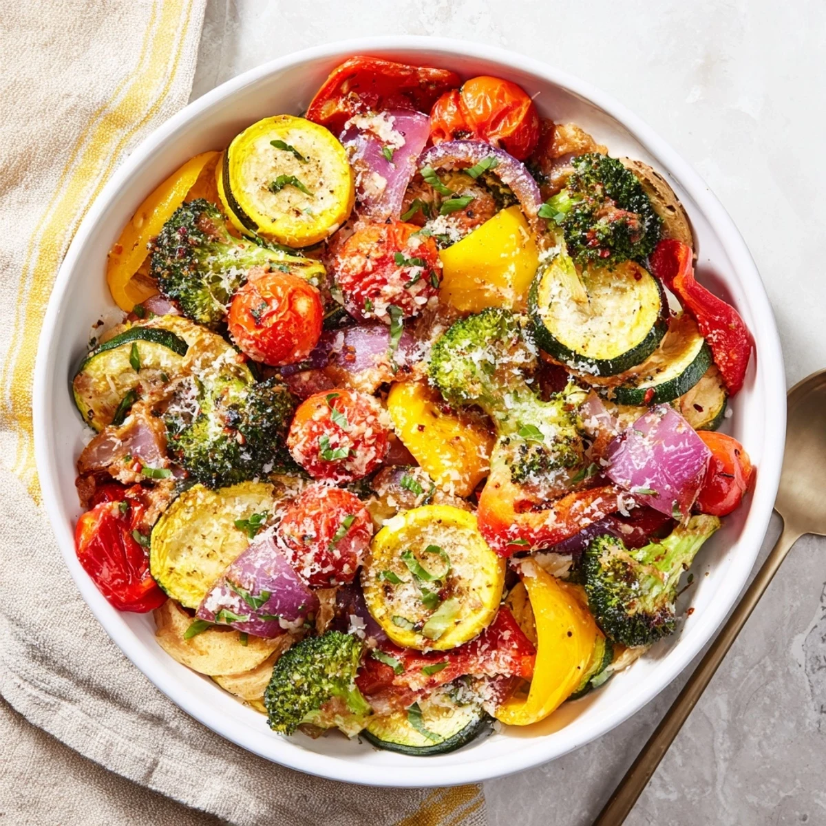 Colorful medley of zucchini peppers and broccoli coated in rich parmesan cream sauce