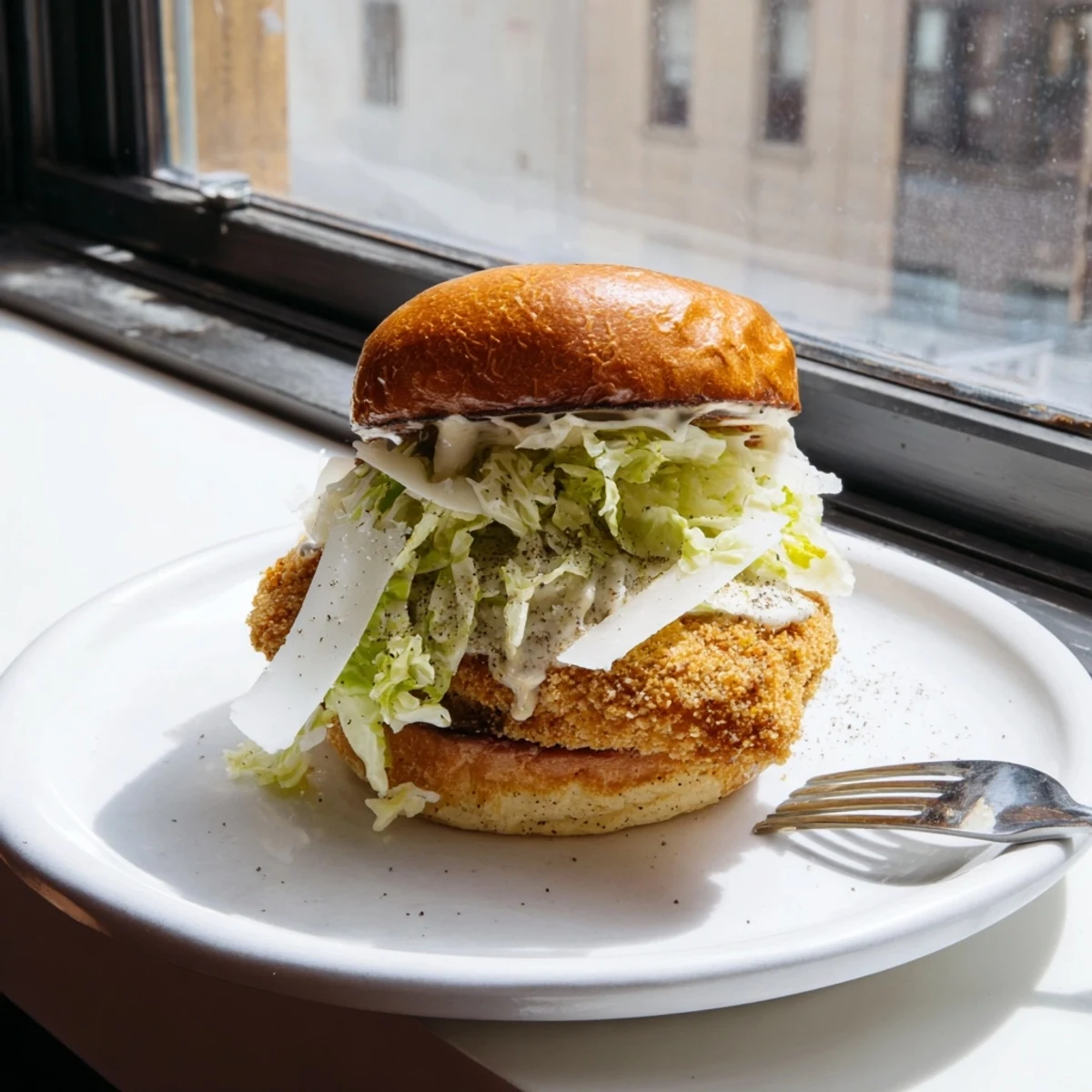 Golden brown crispy chicken breast fillet piled high on a toasted brioche bun with fresh romaine lettuce and creamy Caesar dressing