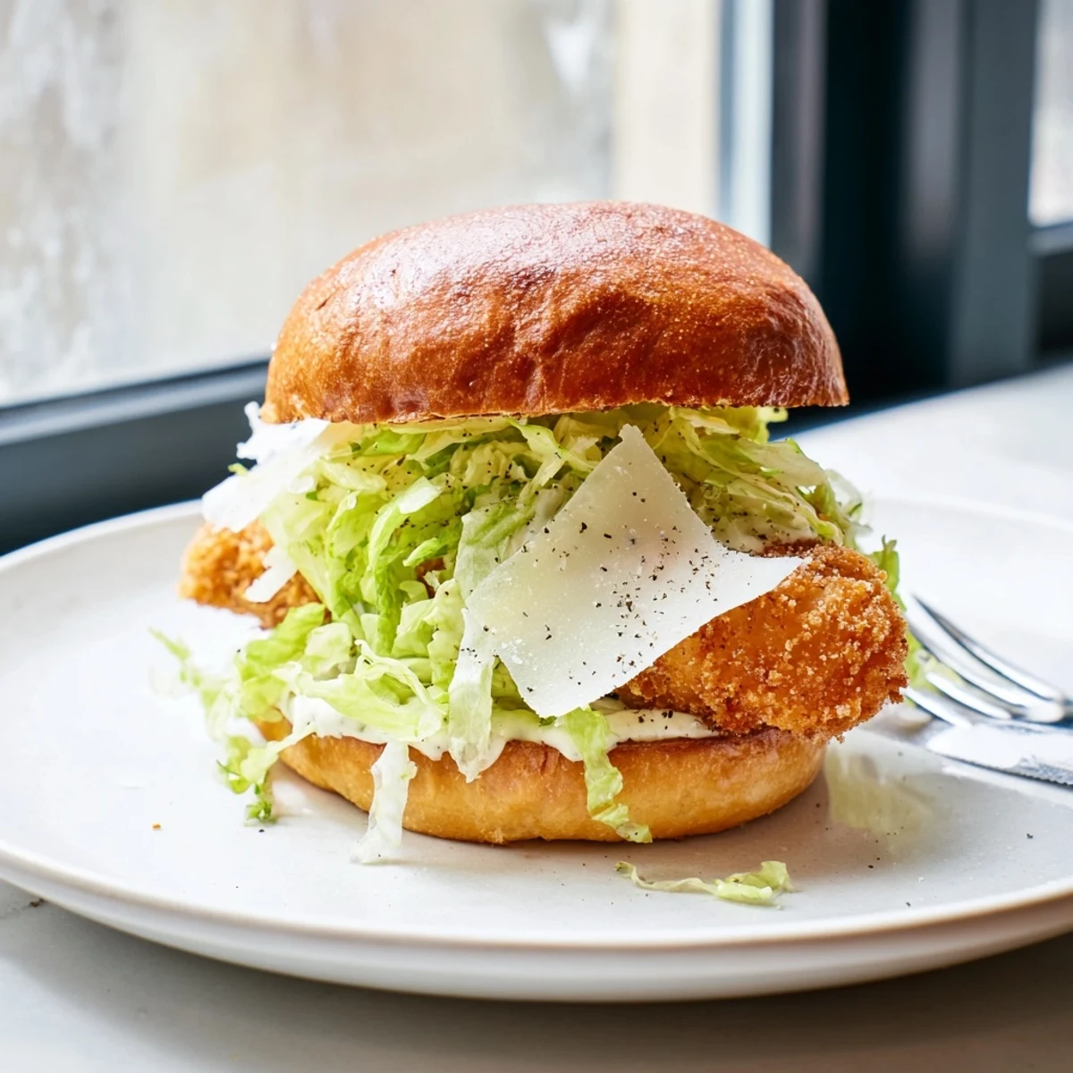 Close-up of crispy chicken Caesar sandwich showing crunchy panko coating, shredded lettuce, and shaved Parmesan cheese inside a warm sandwich bun