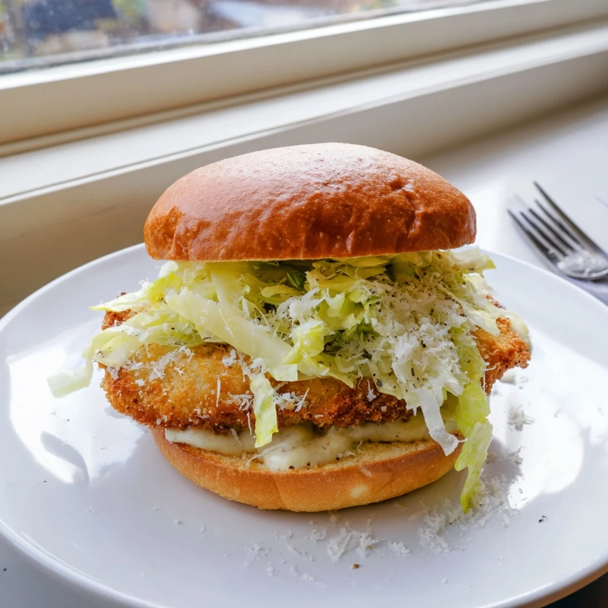 Mouthwatering chicken sandwich featuring fried chicken cutlet with crisp romaine and tangy Caesar dressing nestled between toasted golden bun halves