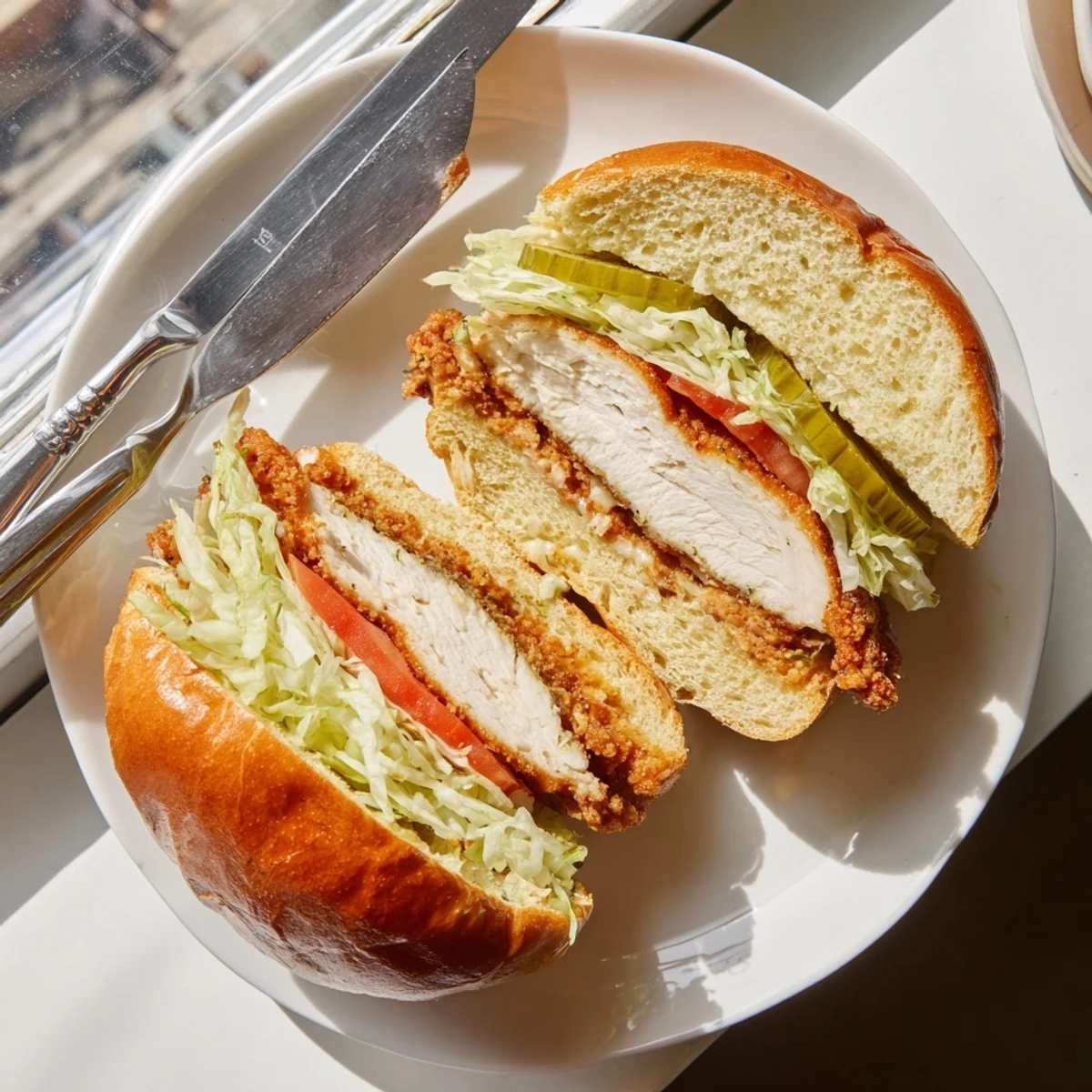 Golden brown crispy dill chicken sandwich on toasted brioche bun with tangy pickles and shredded lettuce