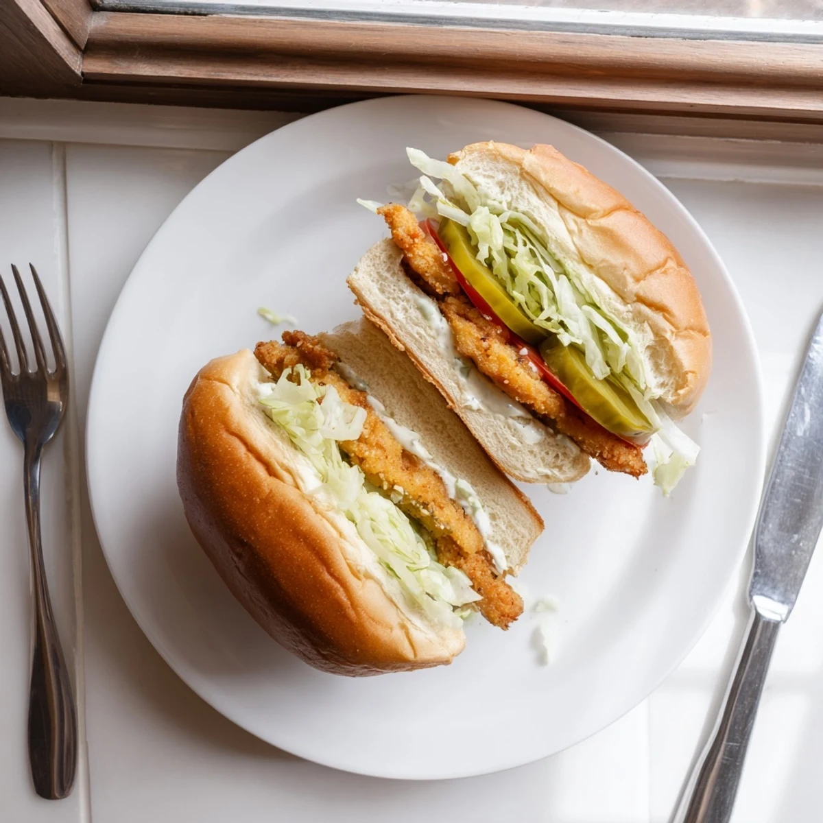 Crispy fried chicken breast with fresh dill flavor stacked between soft brioche buns with creamy dill mayo