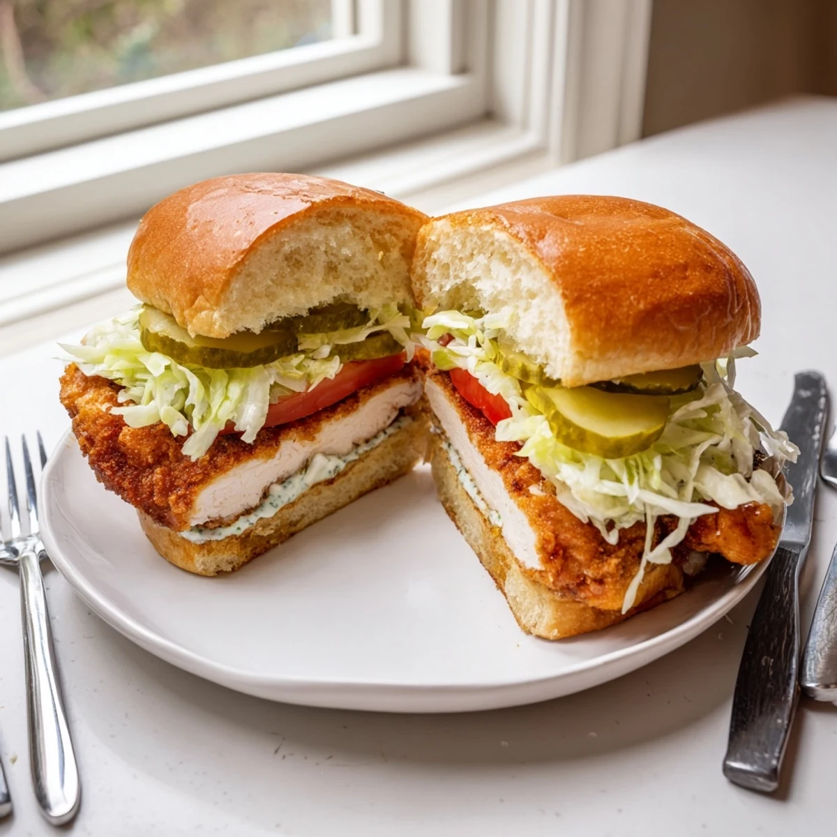 Homemade crispy dill chicken sandwich featuring crunchy golden fried chicken fillet with fresh pickles on a bun