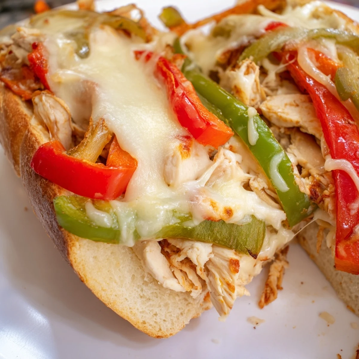 Golden chicken cheesesteak sandwiches overflowing with caramelized onions and peppers on a toasted split roll