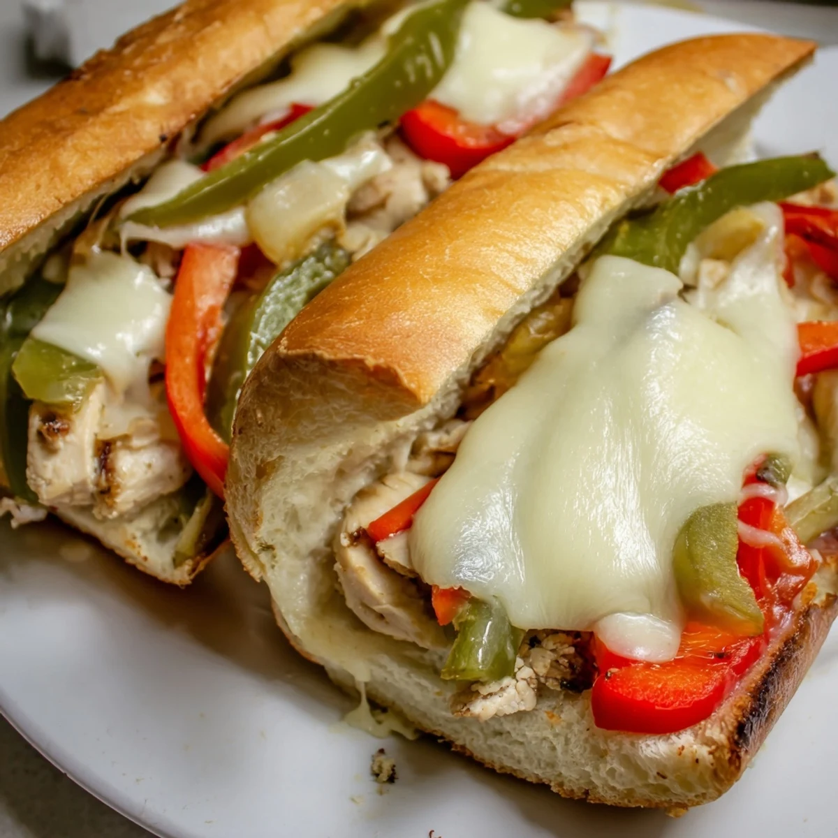 Mouthwatering chicken cheesesteak sandwiches with gooey provolone cheese and colorful bell peppers in a soft hoagie