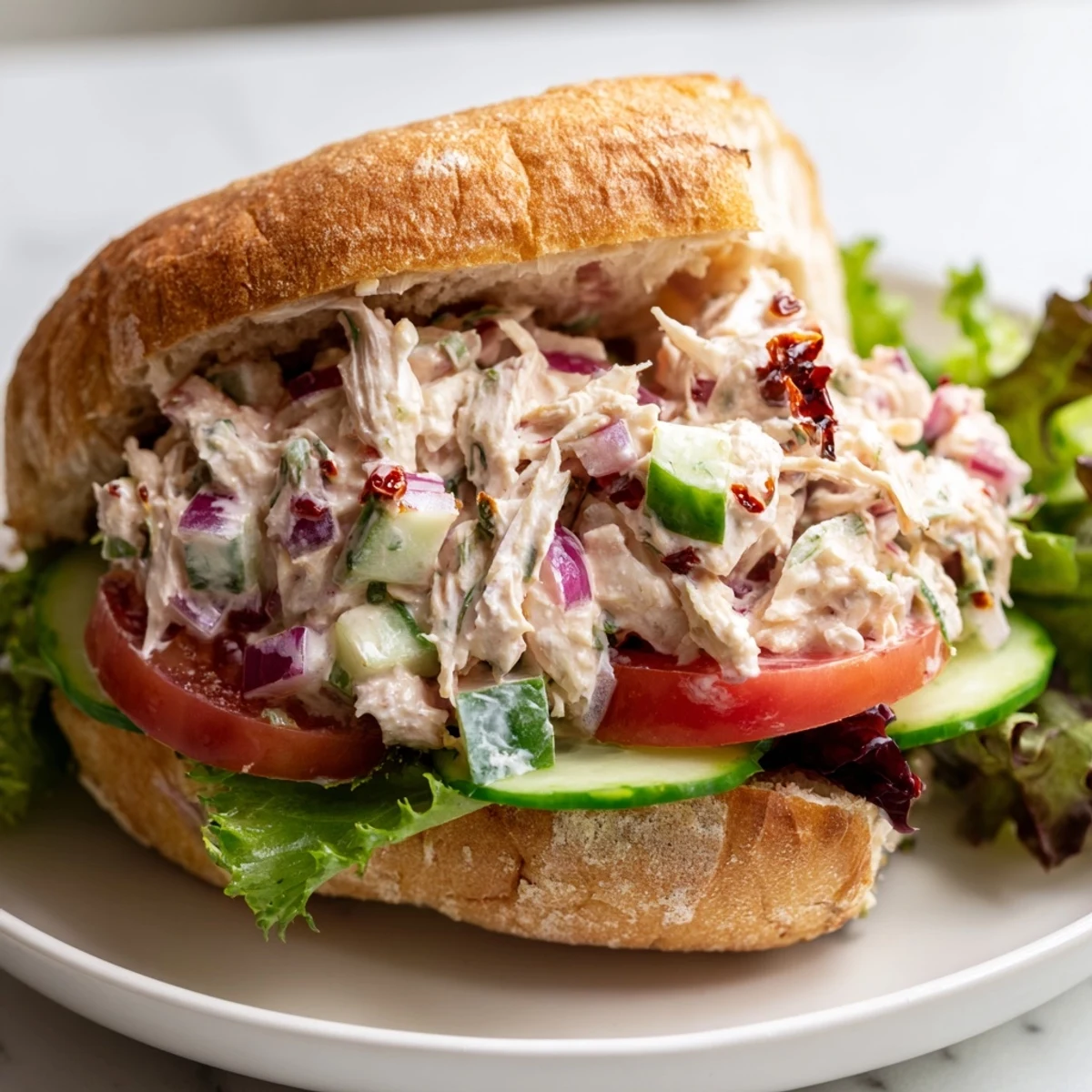 Spicy chicken salad sandwich loaded with chili crisp sauce, crisp veggies, and tender shredded chicken on rolls