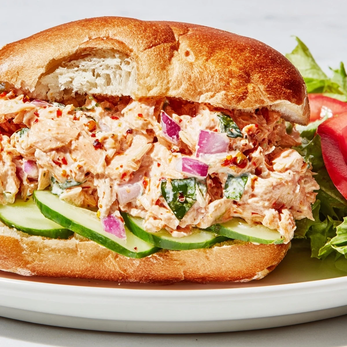 Chicken salad sandwich with chili crisp featuring creamy chicken piled on toasted bread with fresh vegetables