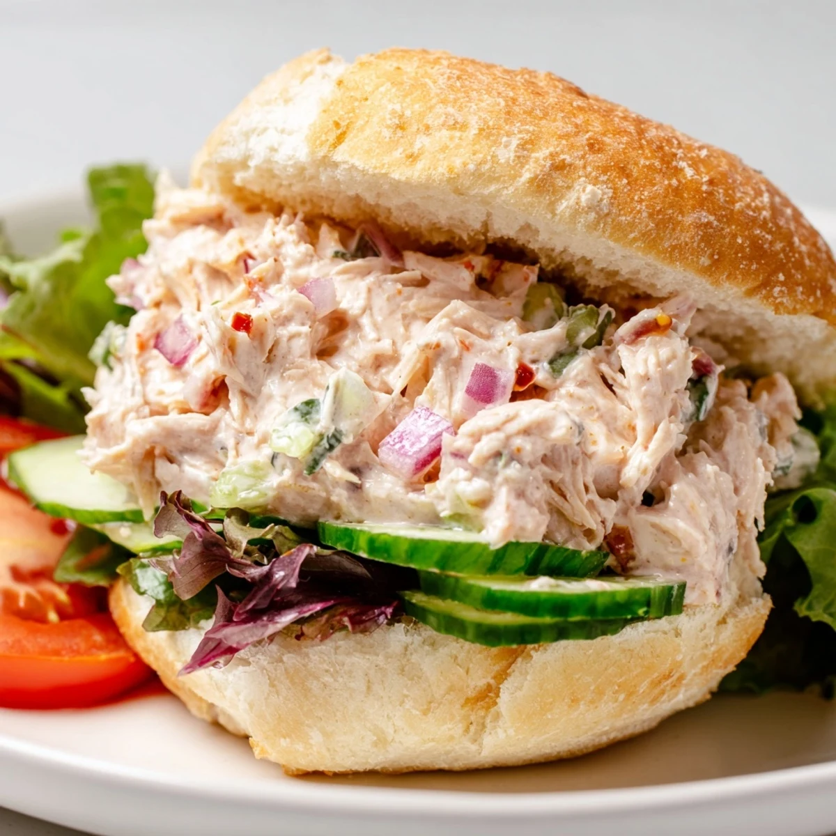 Open-faced chicken salad sandwich with chili crisp drizzle showcasing fresh cucumber slices and mixed greens on bread