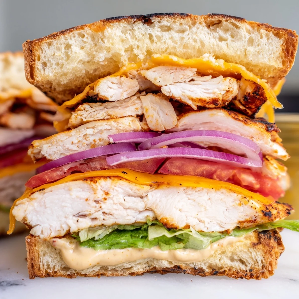 Golden melted cheddar drapes over seasoned grilled chicken breast in a cheesy grilled chicken sandwich atop toasted ciabatta