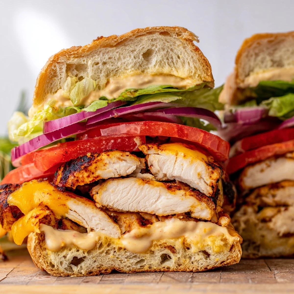 Juicy cheesy grilled chicken sandwich stacked with crisp romaine, ripe tomato slices, and tangy Dijon mayo on warm bread