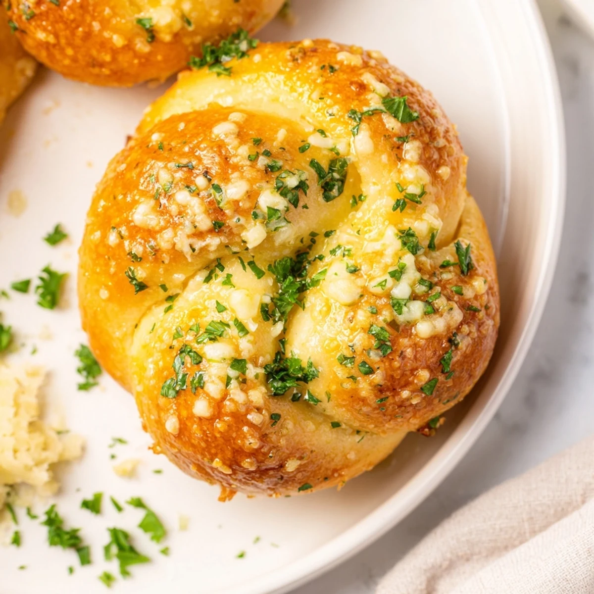 Basket of warm pillowy gluten-free garlic knots sprinkled with Parmesan cheese and herbs