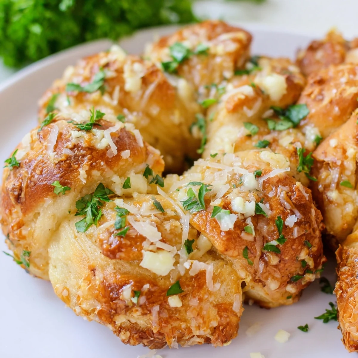 Freshly baked gluten-free garlic knots arranged on white serving plate with garlic butter coating