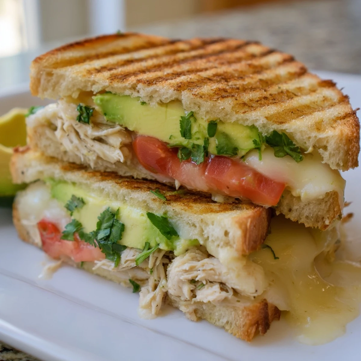 Sliced chicken avocado melt sandwich revealing layers of creamy avocado, melted provolone, and juicy tomatoes between crispy griddled bread