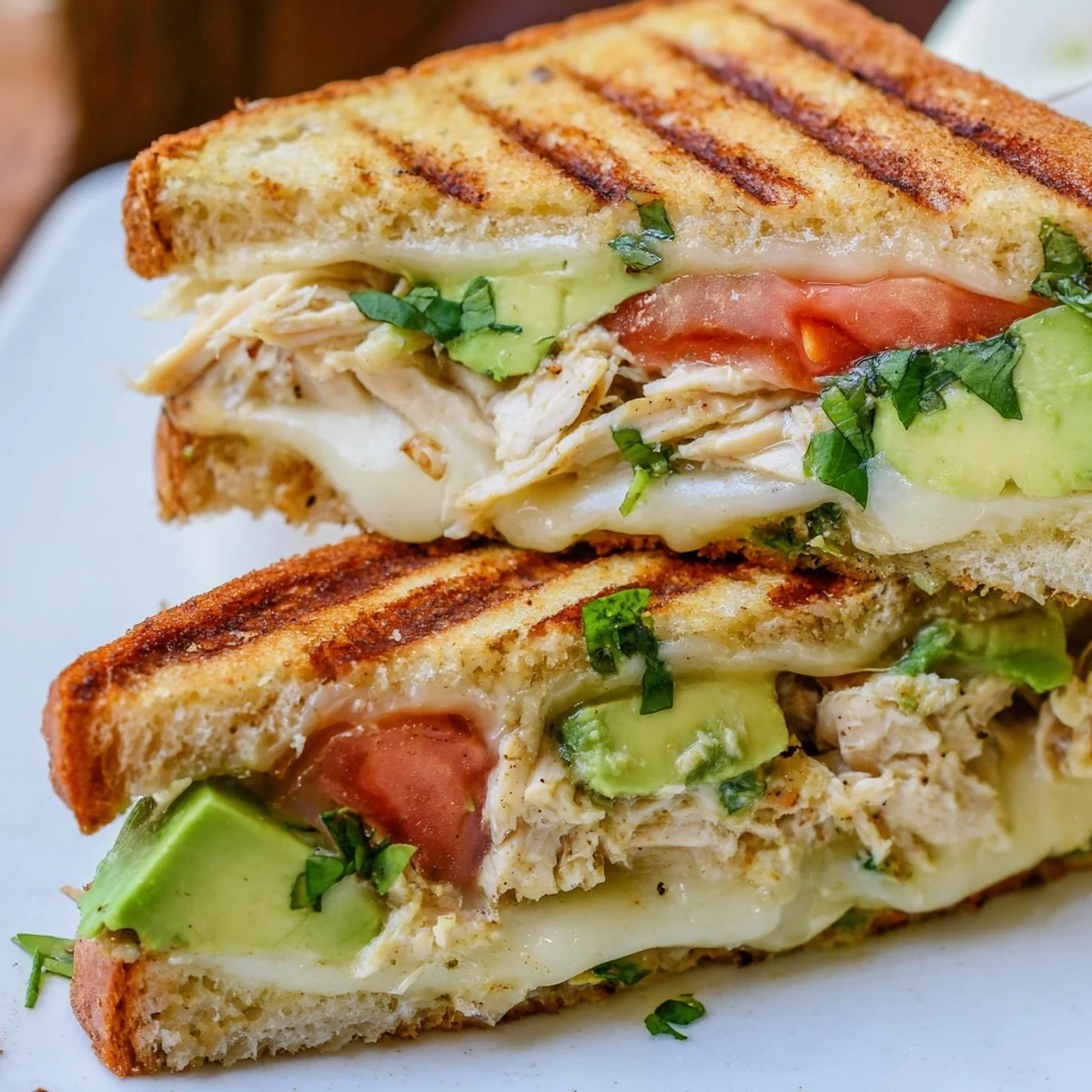 Golden brown chicken avocado melt sandwich with melted cheese and fresh tomato slices on toasted sourdough bread