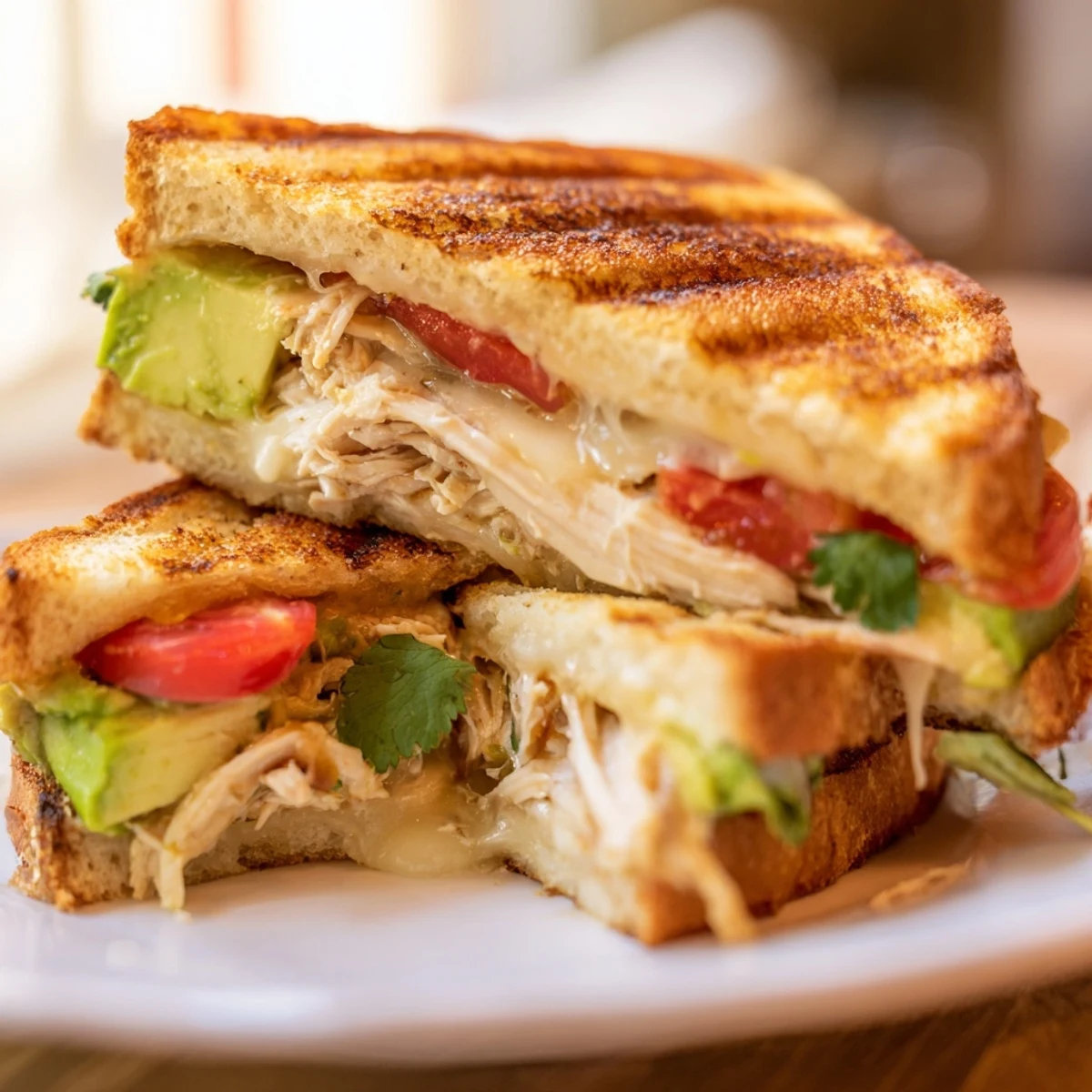 Chicken avocado melt sandwich cut in half on a wooden board with fresh cilantro garnish and visible melted cheese layers
