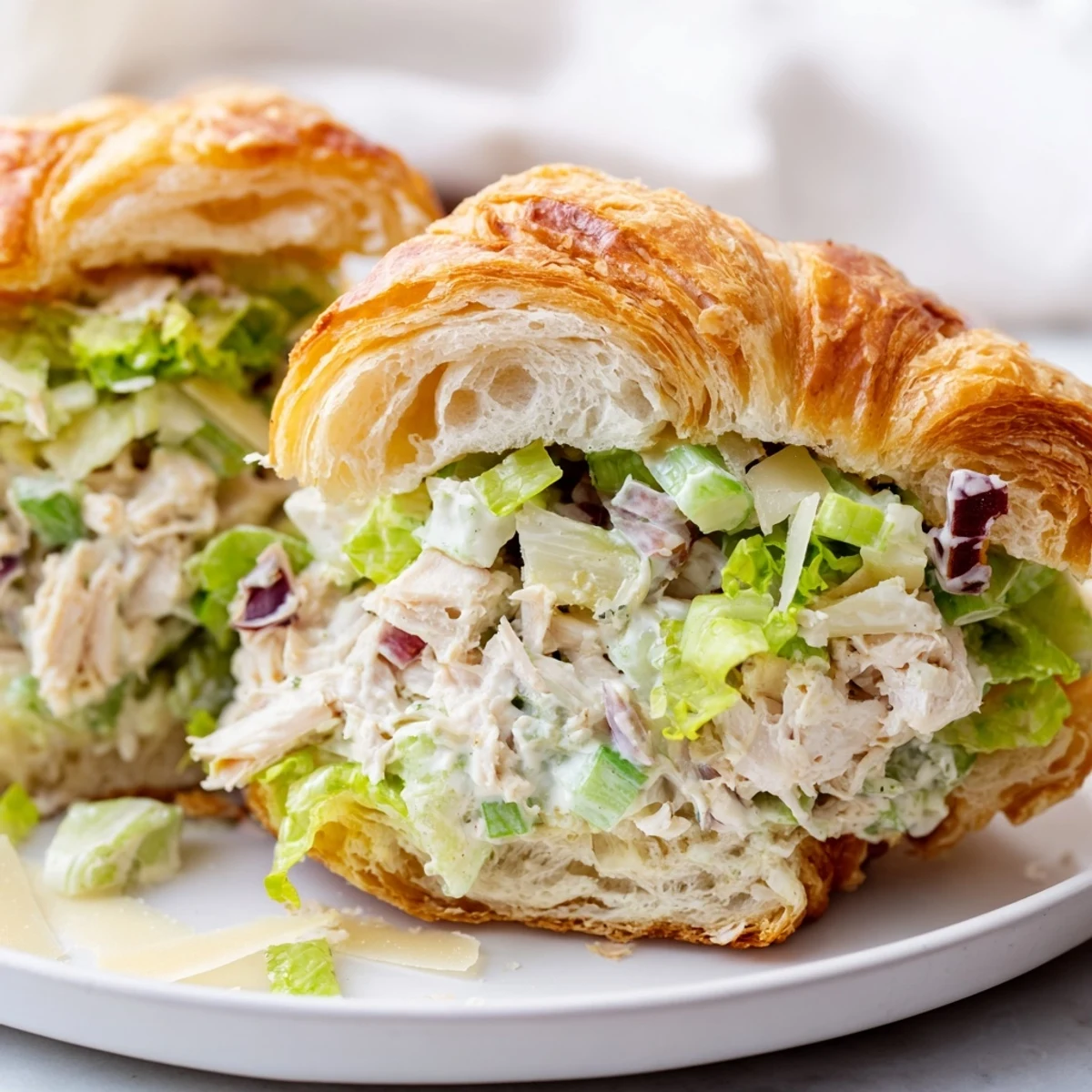 Golden croissant sandwich stuffed with creamy chicken Caesar salad and crisp romaine lettuce