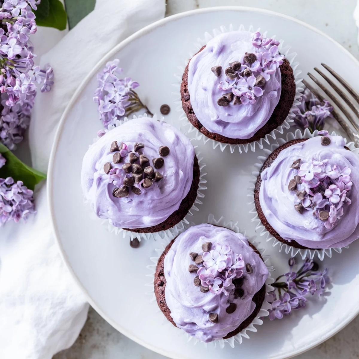 Small batch lilac chocolate cupcakes topped with fluffy floral buttercream and fresh purple blossoms