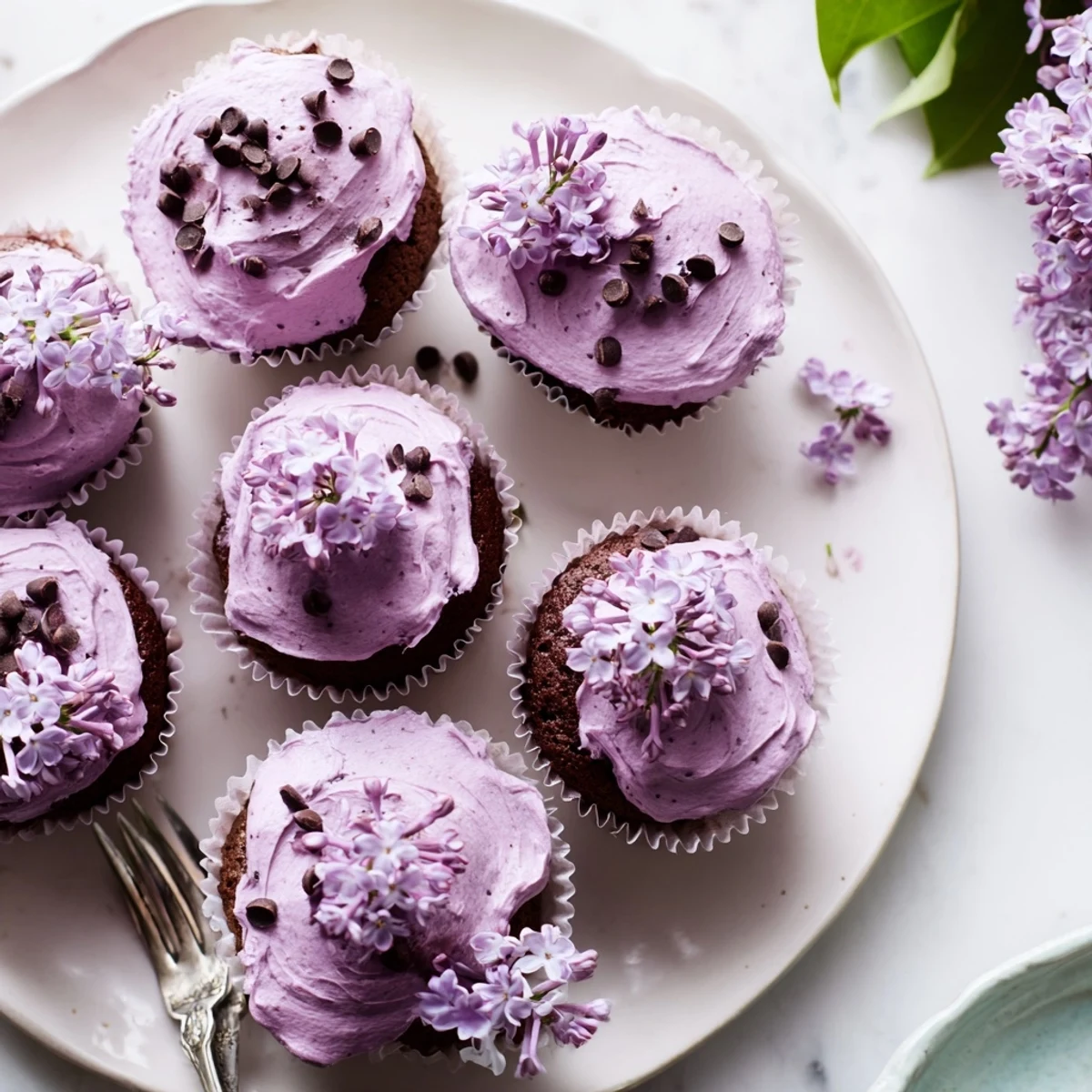 Rich chocolate lilac cupcakes with swirled buttercream frosting garnished with edible flowers on plate
