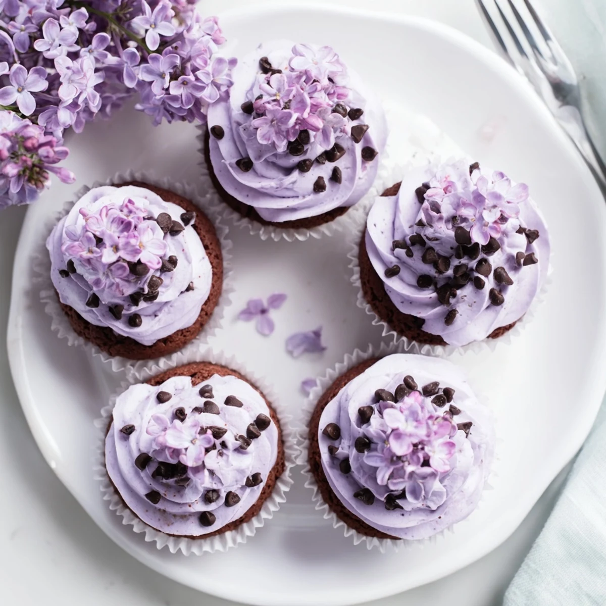 Six moist lilac chocolate cupcakes with light floral frosting and fresh lilac petals on display
