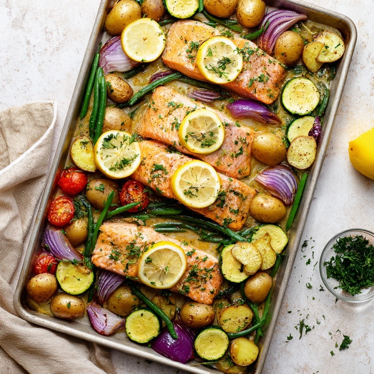 Golden roasted salmon fillets with colorful vegetables glazed in lemon garlic butter sauce on a sheet pan