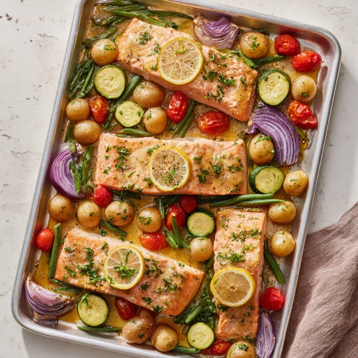 Tender baked salmon surrounded by cherry tomatoes and zucchini drizzled with bright lemon garlic butter on a metal baking sheet