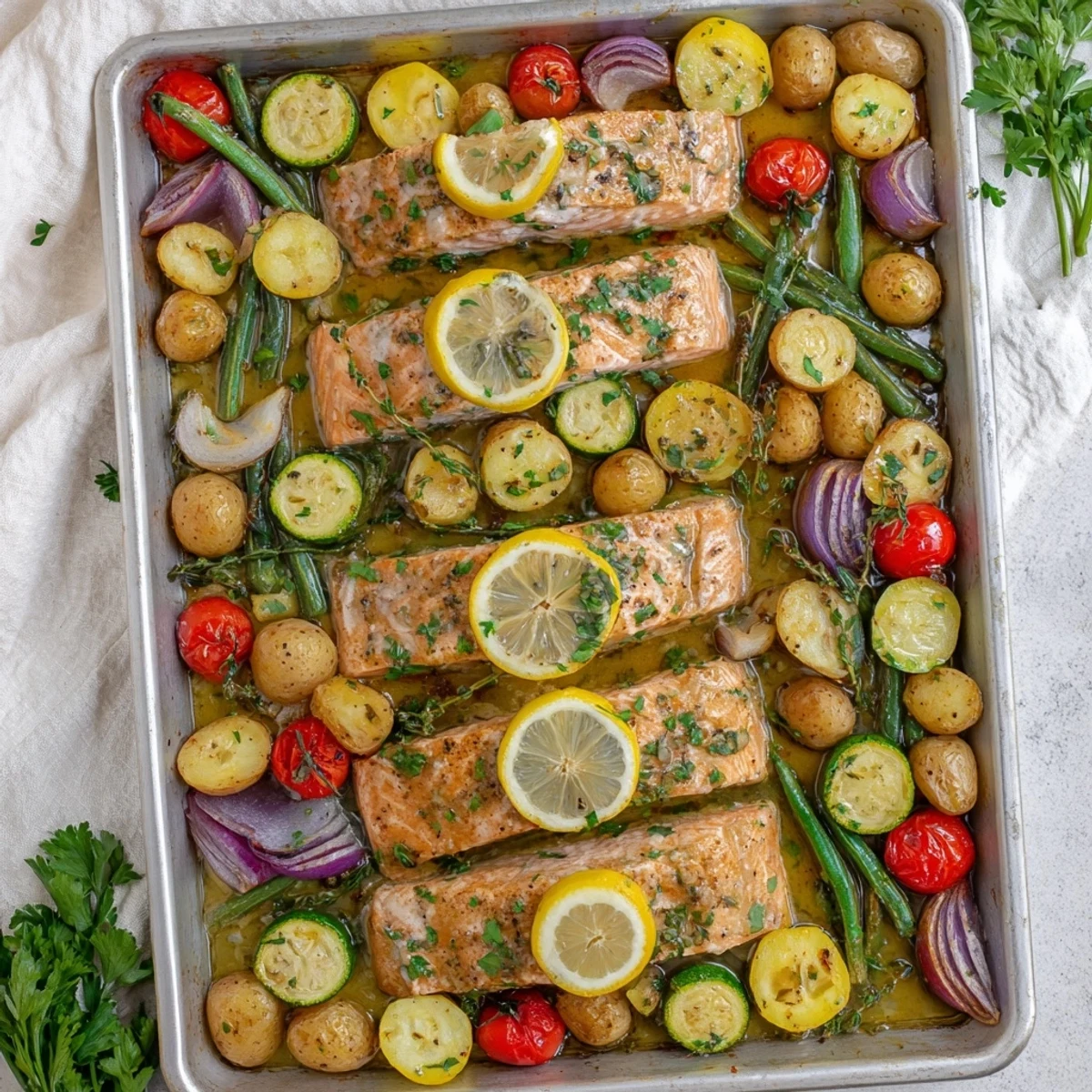 Flaky salmon and baby potatoes arranged on a parchment-lined pan with shiny lemon garlic butter coating