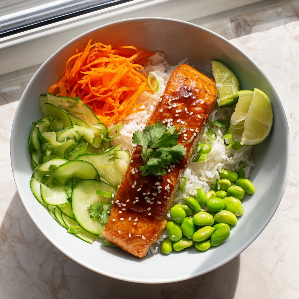 Healthy honey glazed salmon bowl featuring tender fish over fresh cucumber carrot and avocado