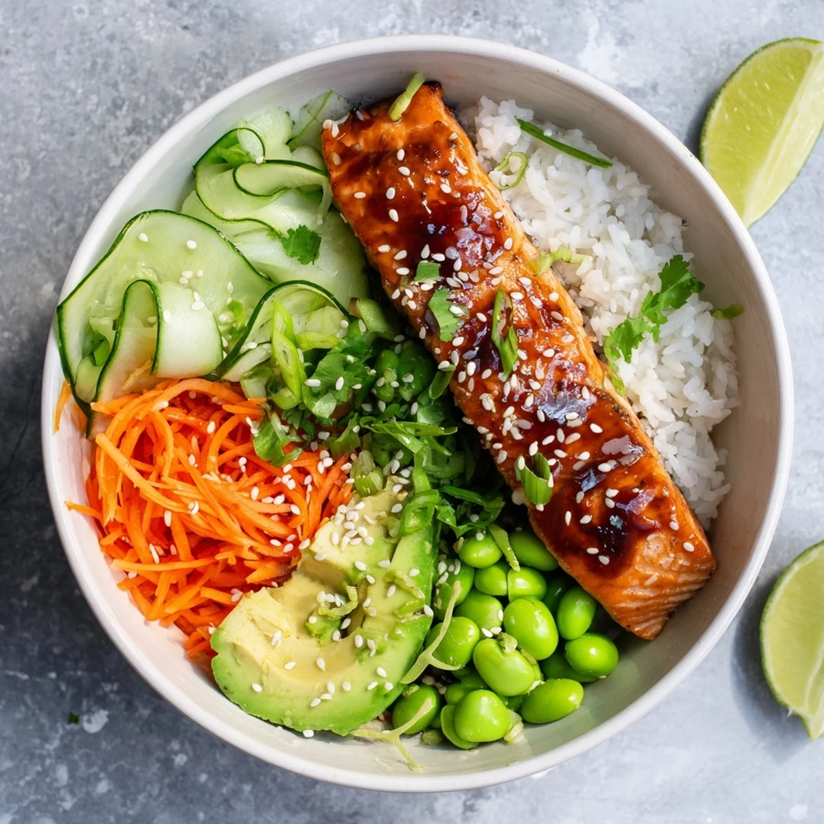 Vibrant honey glazed salmon bowl drizzled with sticky sauce and sesame seeds