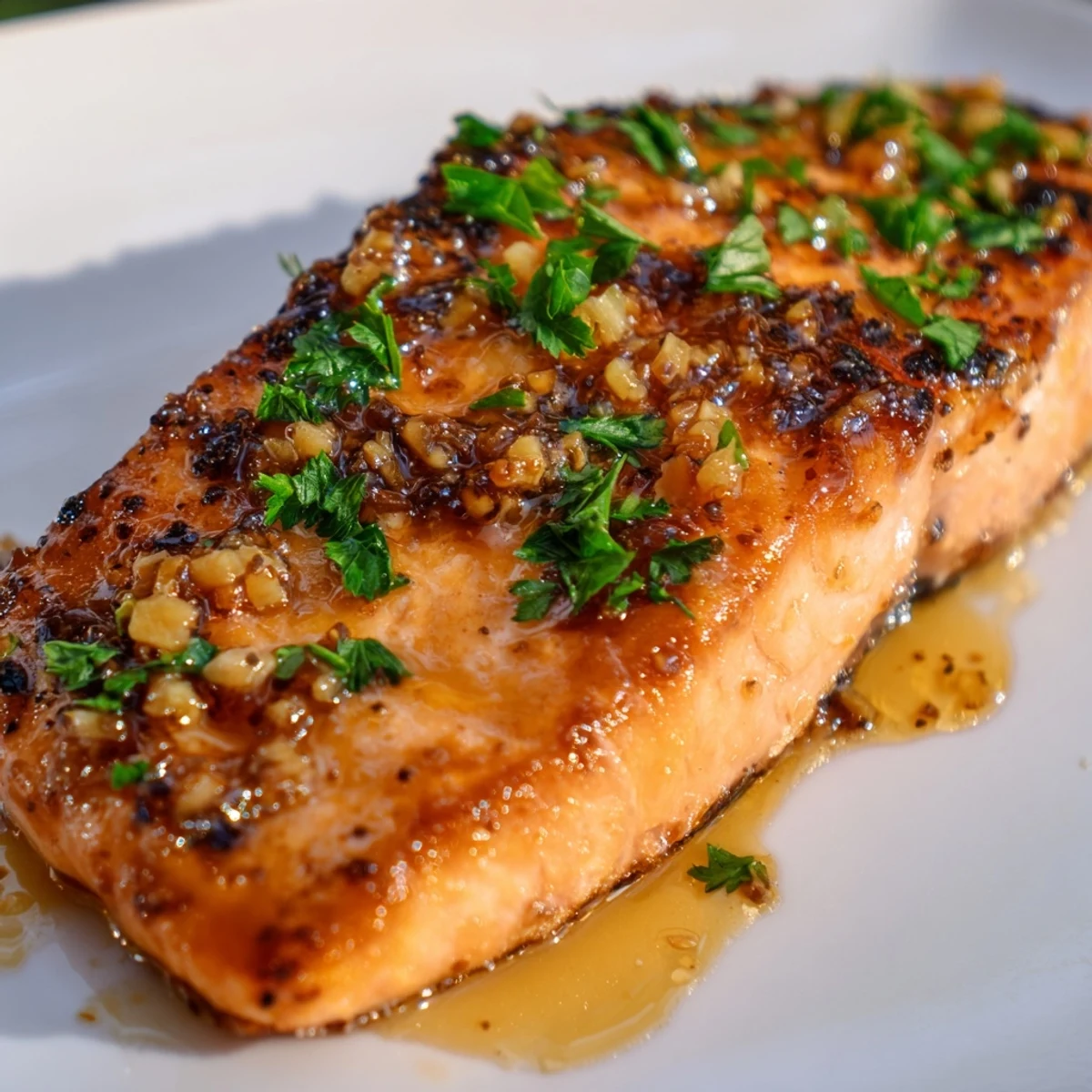 Golden pan-seared salmon fillets coated in a sticky honey garlic glaze with fresh parsley garnish