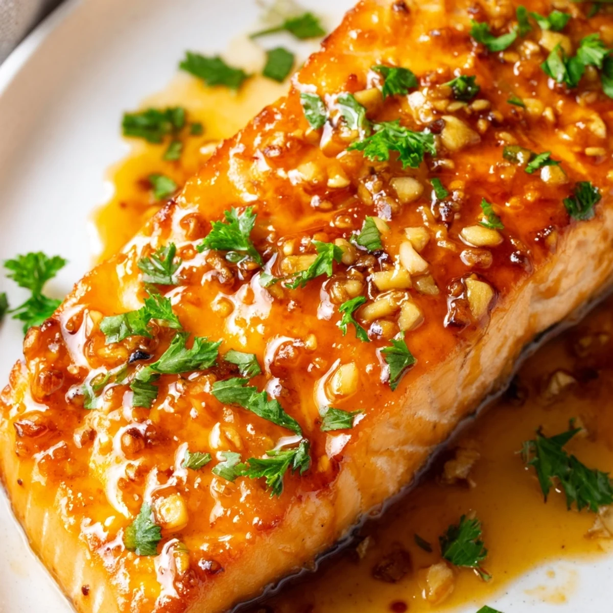 Crispy honey garlic glazed salmon served on a white plate with lemon wedges and roasted vegetables