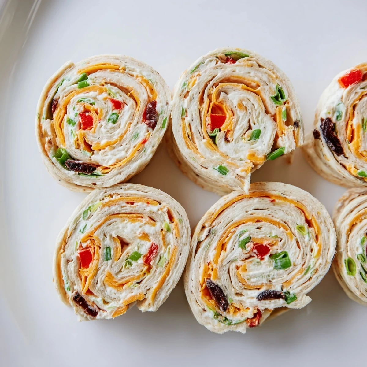 Easy tortilla pinwheels featuring a colorful spiral of creamy cheddar filling with chopped vegetables