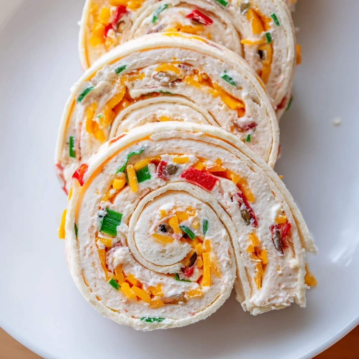 Bite-sized tortilla pinwheels arranged on a serving platter, ready for party snacking