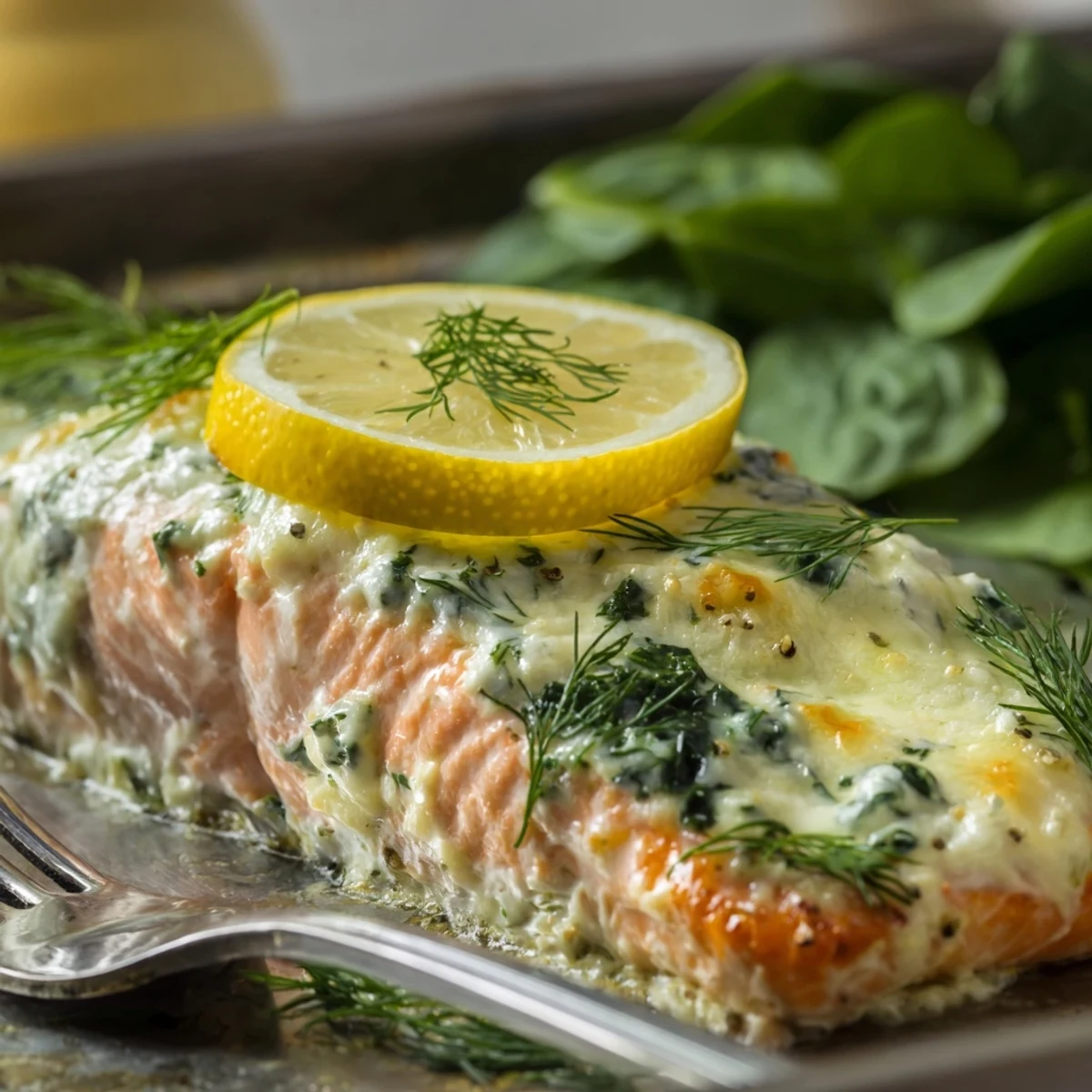 Golden baked Boursin salmon fillets topped with melted herbed cheese and fresh lemon slices
