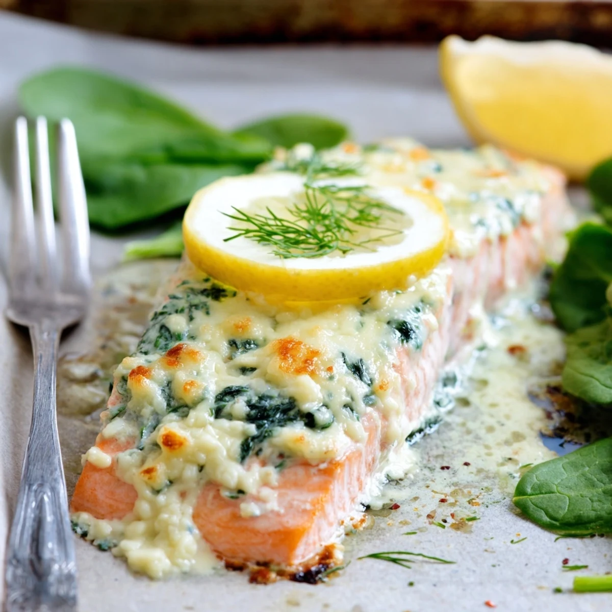 Creamy Boursin cheese crusted salmon roasted with baby spinach and shallots on a baking sheet