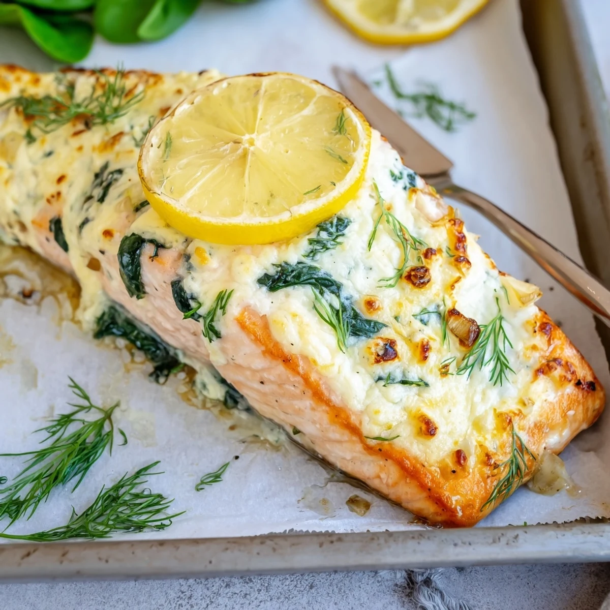 Elegant baked salmon with garlic herb Boursin topping garnished with fresh dill and lemon rounds