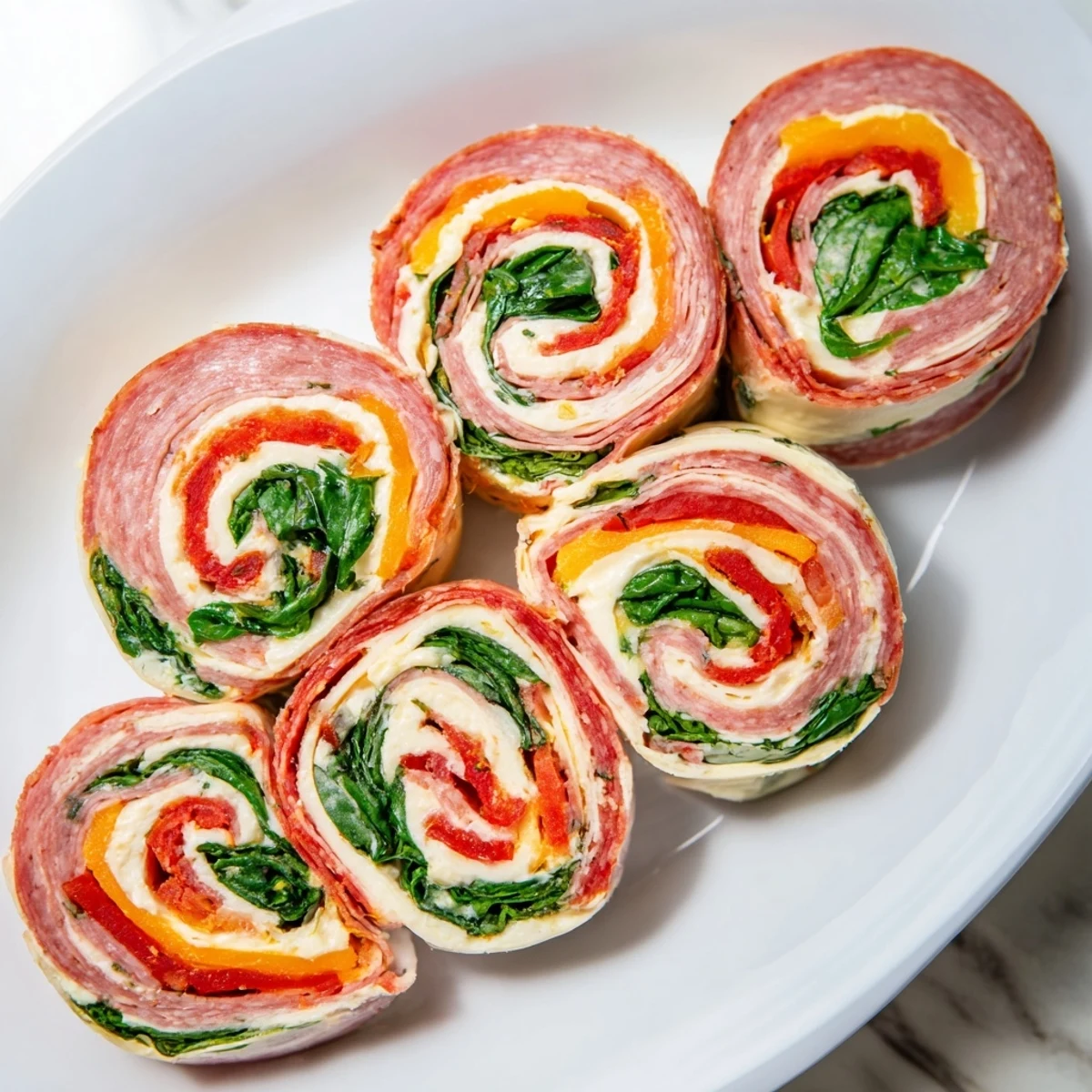 Colorful Italian pinwheels featuring spirals of salami, ham, pepperoni and cream cheese on a serving platter
