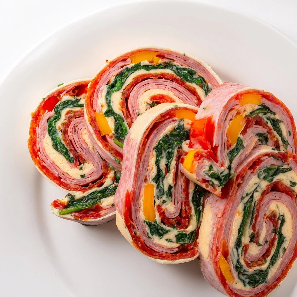 Sliced Italian pinwheel appetizers showcasing layers of deli meats, roasted red peppers and spinach in flour tortillas