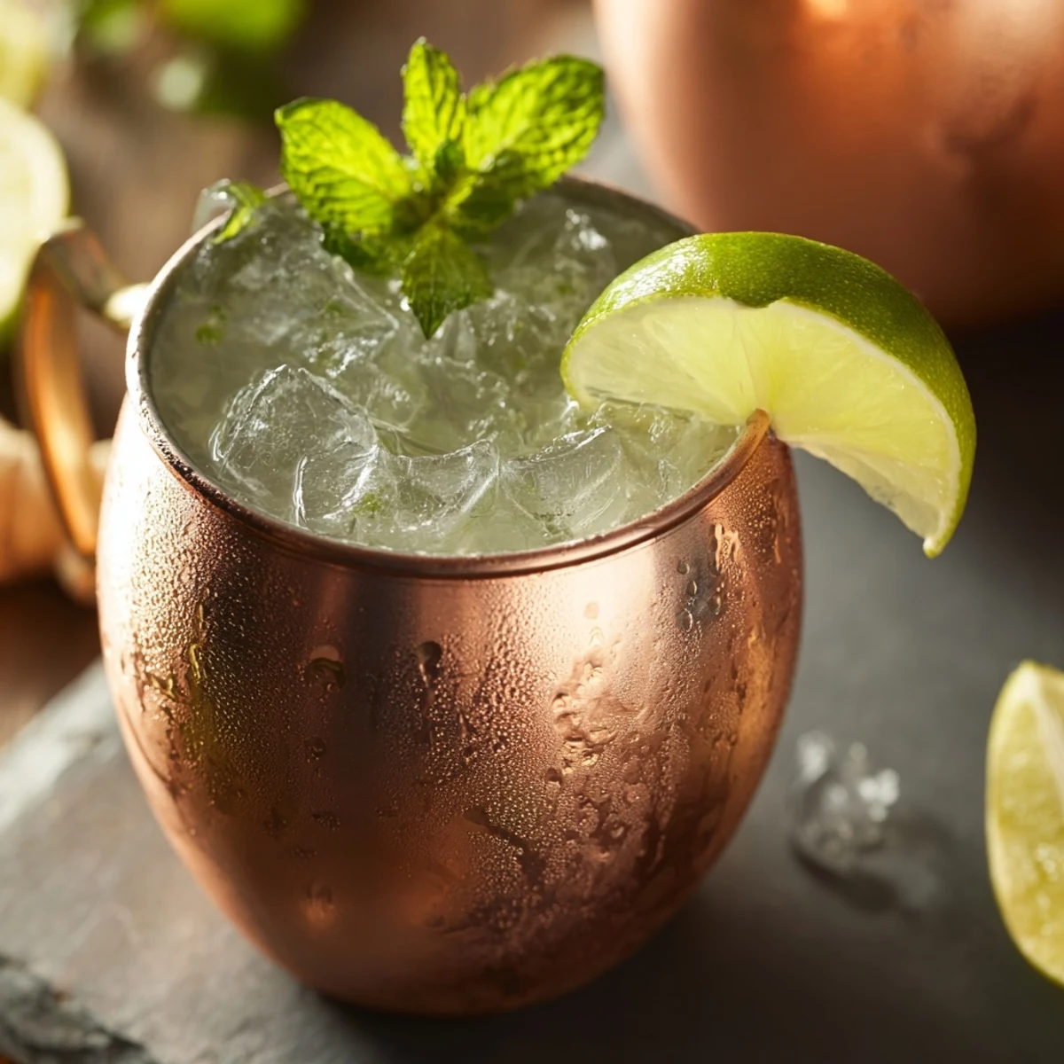 Frosty copper mug filled with Virgin Moscow Mule topped with fresh mint sprig and lime wedge
