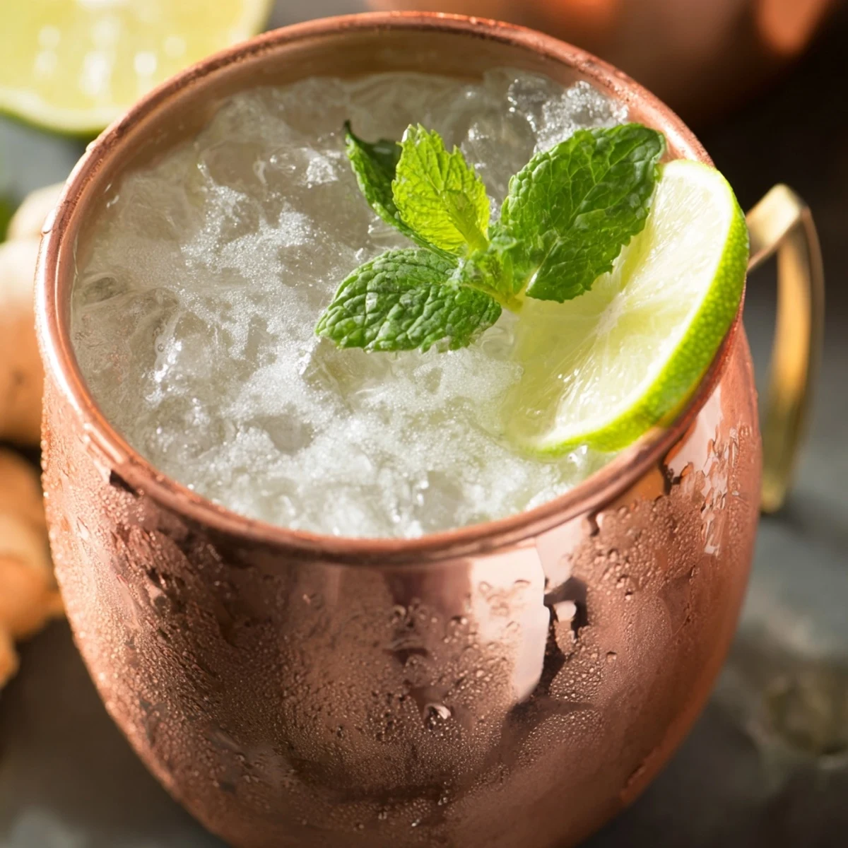 Crystal clear glass showcasing bubbly Virgin Moscow Mule with floating mint leaves and bright citrus garnish