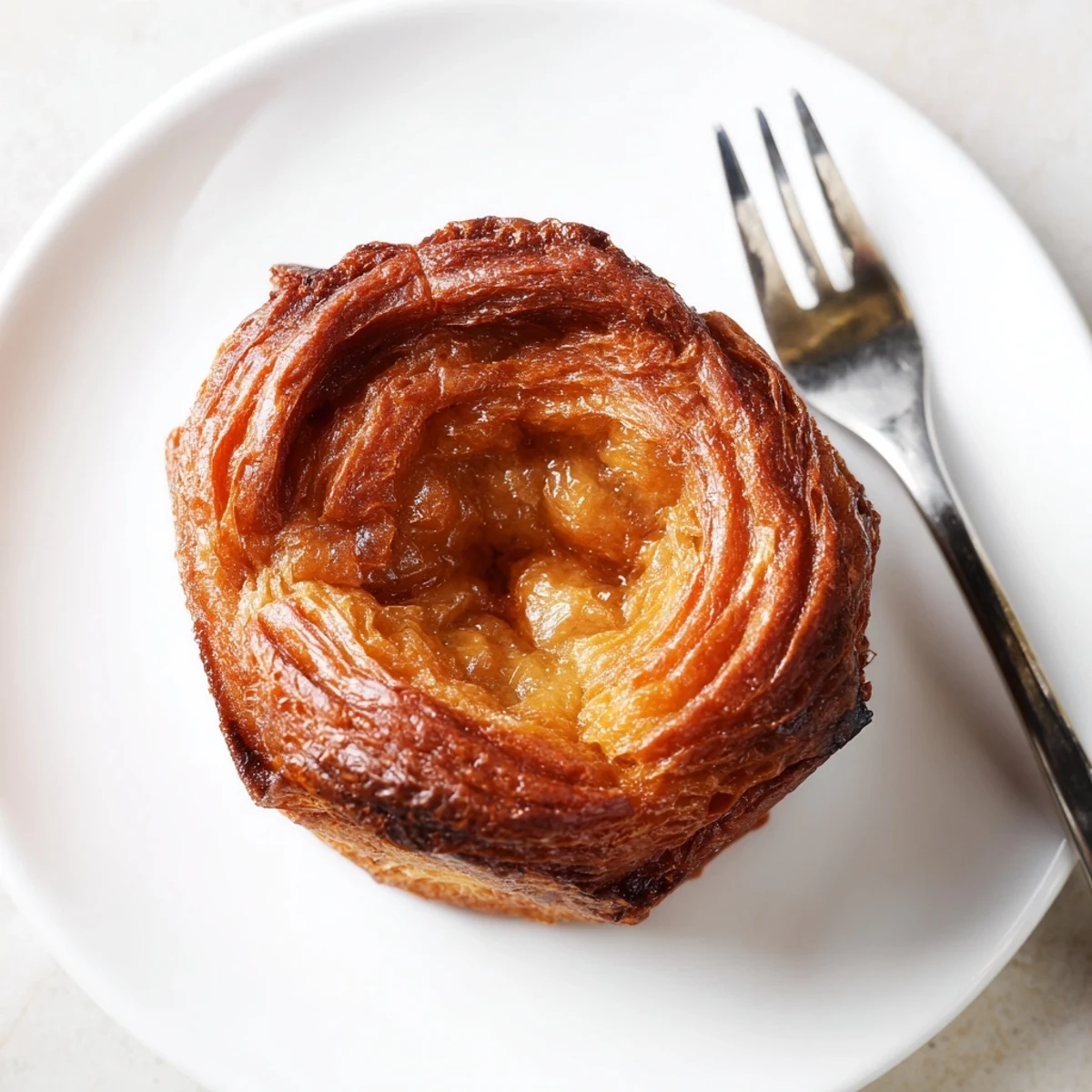 Golden brown kouign amann pastry with caramelized sugar crust and flaky layers